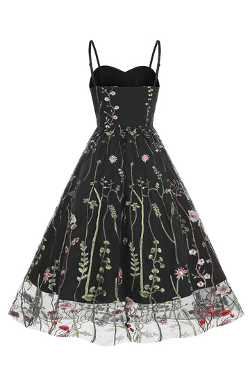 A Línea Negro 1950s Vestido Con Bordado